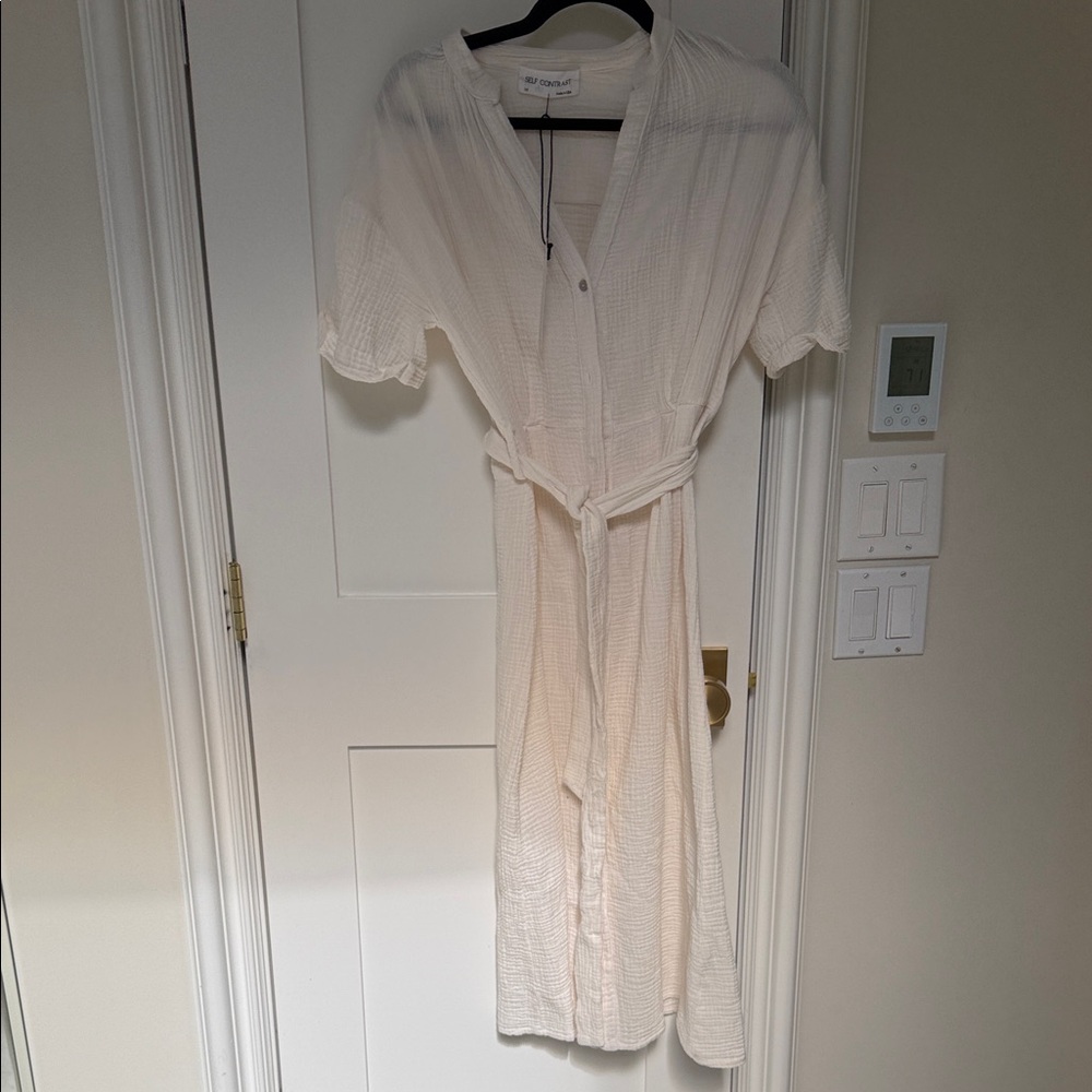 Self Contrast Darling‎  Cream Textured Belted Maxi Shirt Dress